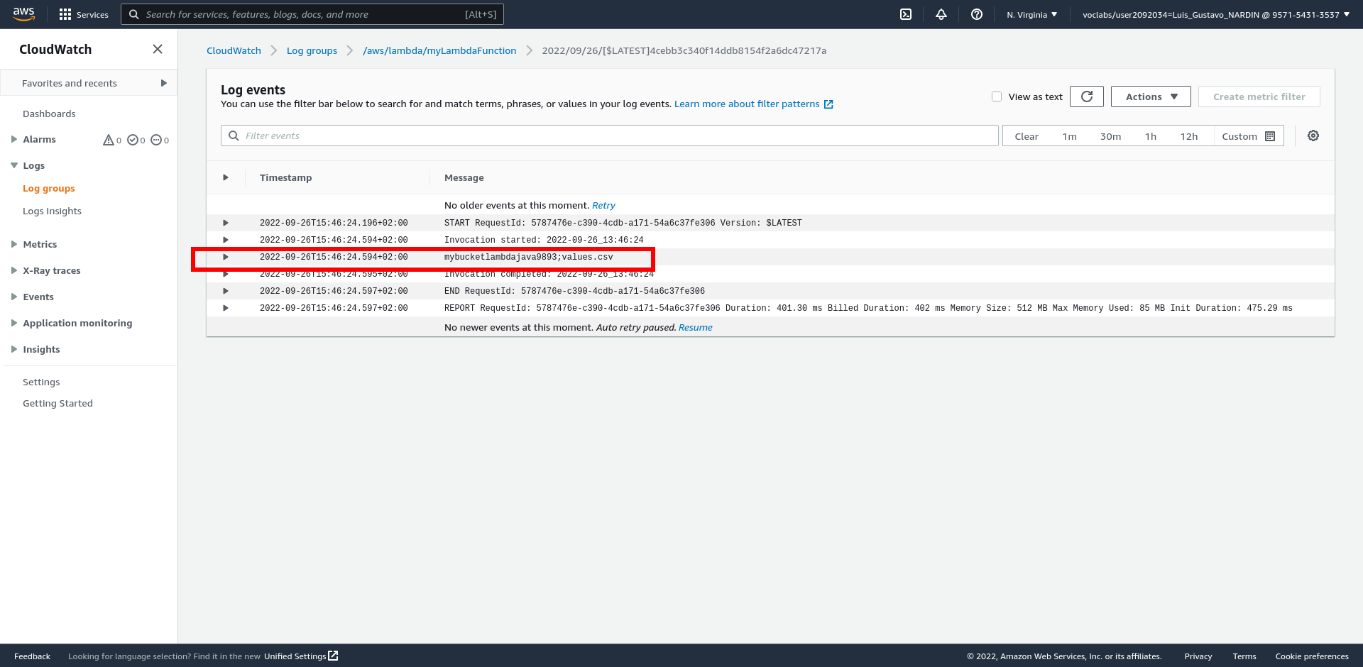 AWS Lambda CloudWatch Logs